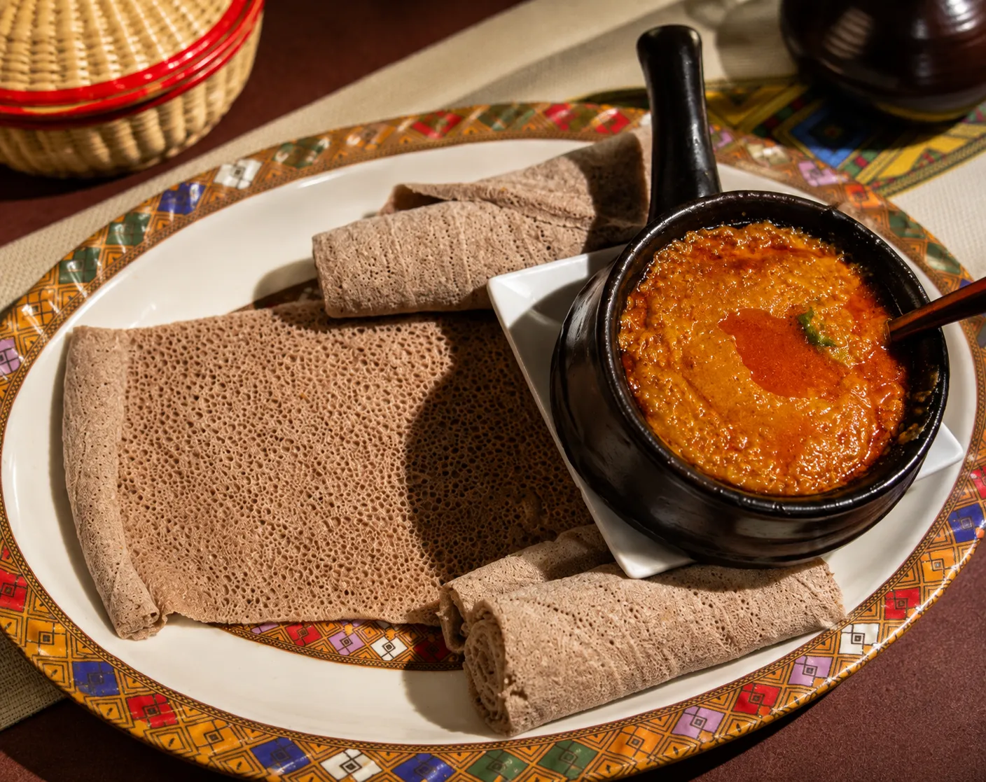 Mesob Combo platter with tibs, stews and injera at Mesob Ethiopian Eats Winnipeg