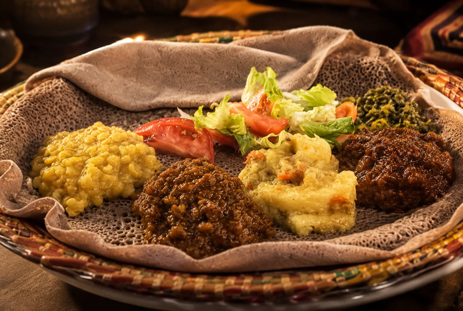 Vegan Veggie Combo platter with injera at Mesob Ethiopian Eats in Winnipeg